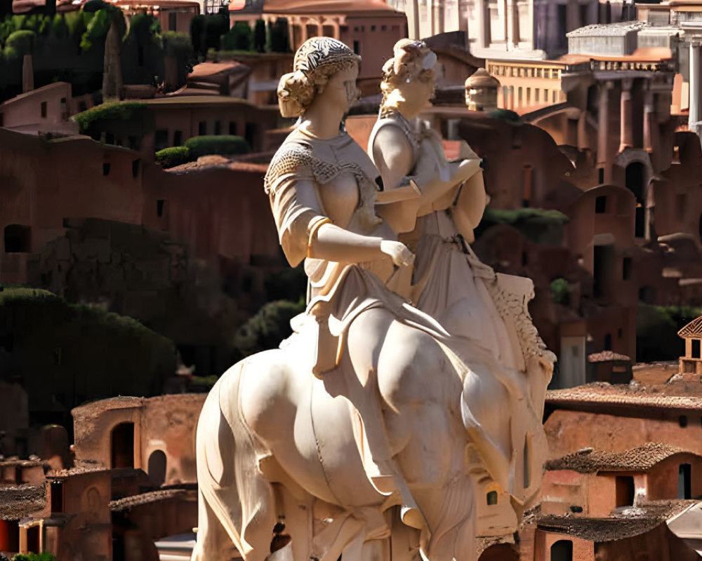 Mounted Figure Statue with Companion Overlooking Ancient Ruins in Rome