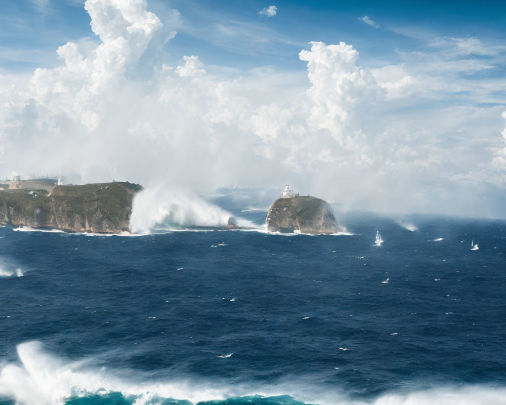 Rugged coastline with lighthouse and tempestuous sea waves.