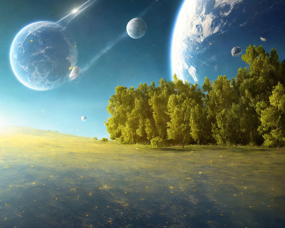 Fantastical forest landscape under starry sky with planet and moons