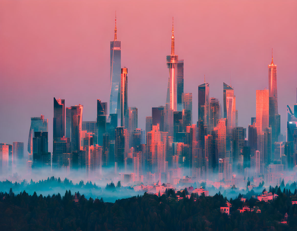 Twilight cityscape with mist and skyscrapers against pink to blue skies