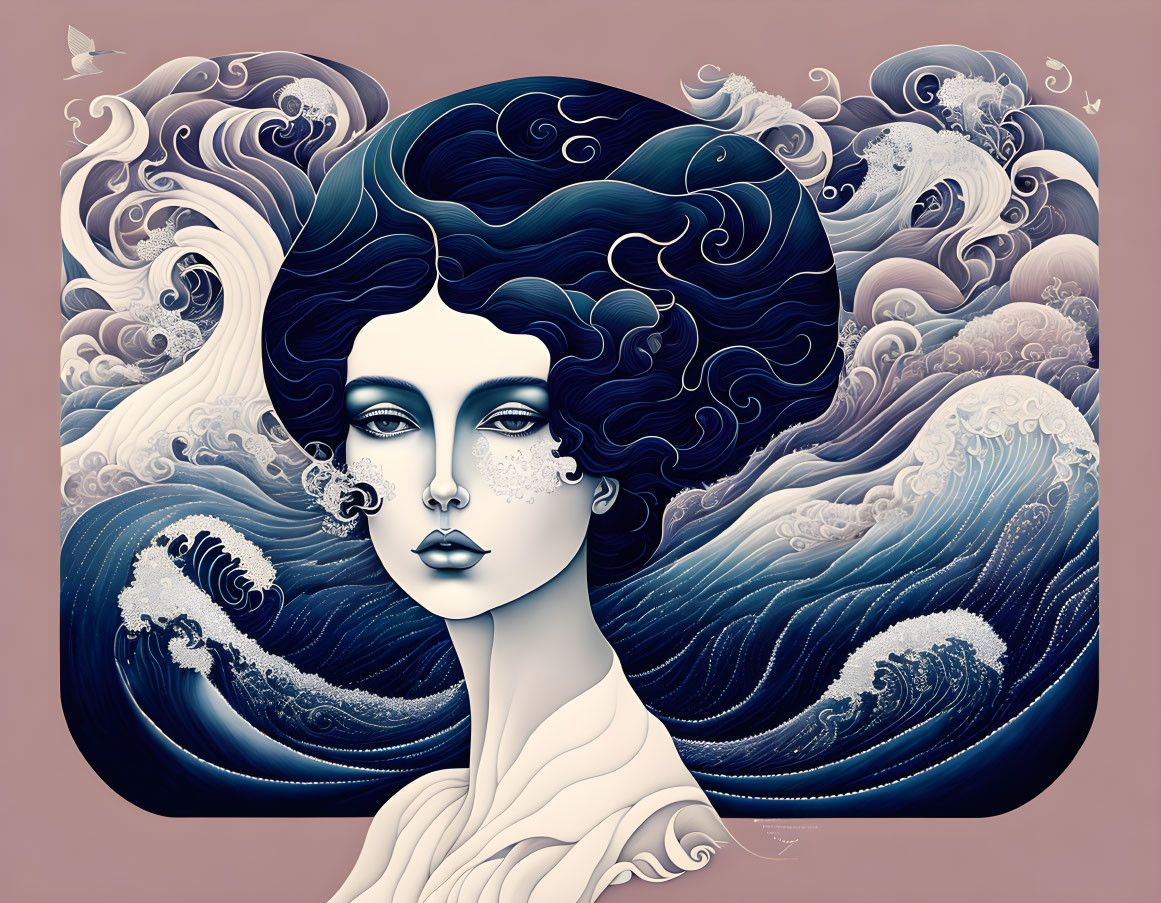 Dark-haired woman illustration with oceanic and bird elements on rose-tinted backdrop