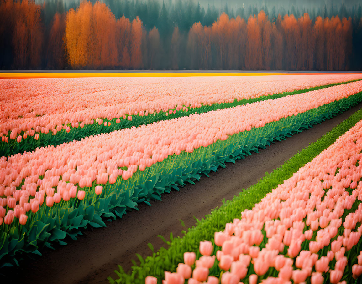 Pink tulips in bloom with autumn trees and hazy sky