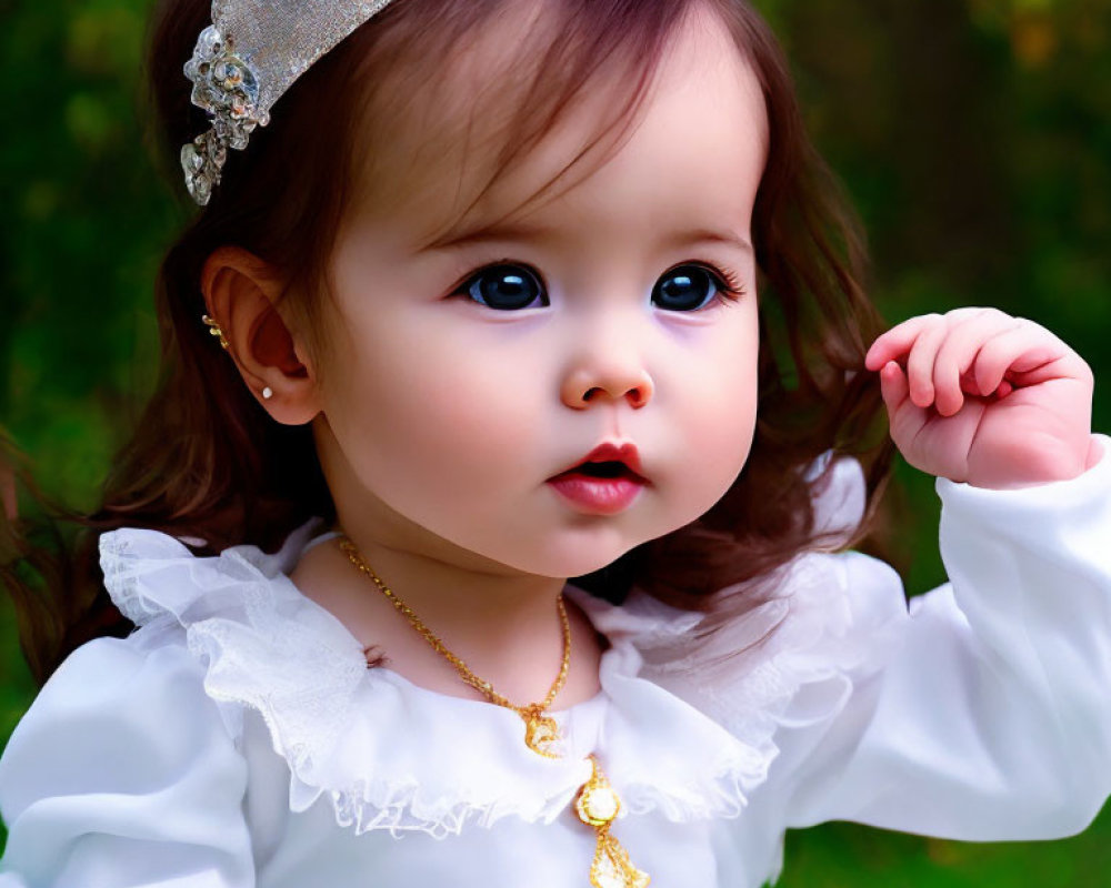 Toddler in white dress with golden necklace and lace headband gazes sideways