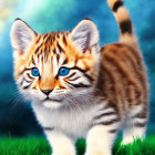 Whimsical kitten digital artwork with bright blue eyes and bold stripes