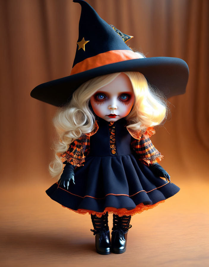 Blond-haired doll in witch costume on wooden background