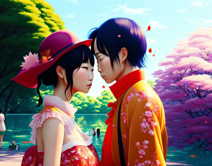 Traditional Japanese attire: Animated characters near cherry blossom tree