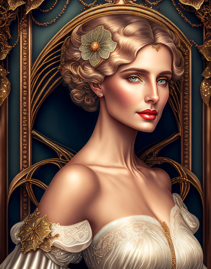 Vintage-style portrait of woman in white dress with gold accents on ornate background