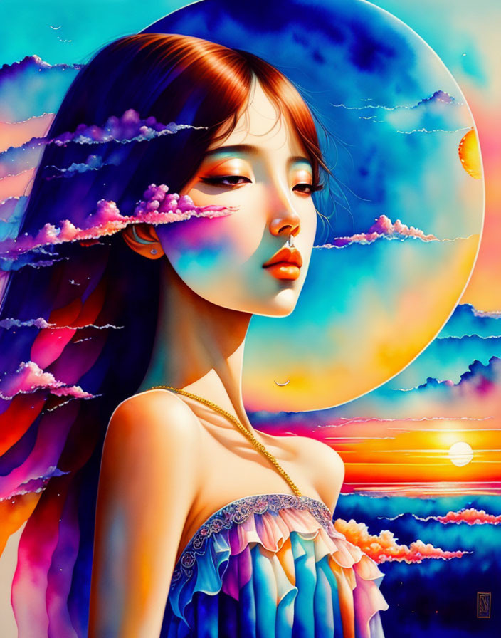 Stylized portrait of a woman with blue sky, pink clouds, and moon