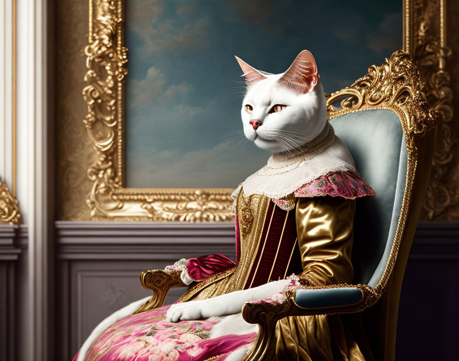 White Cat in 17th-Century Attire on Gilded Chair