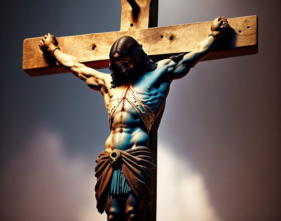 Religious artwork: Jesus Christ on the cross with torso focus