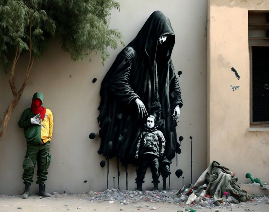 Street art featuring cloaked figure with child beside person leaning against wall.