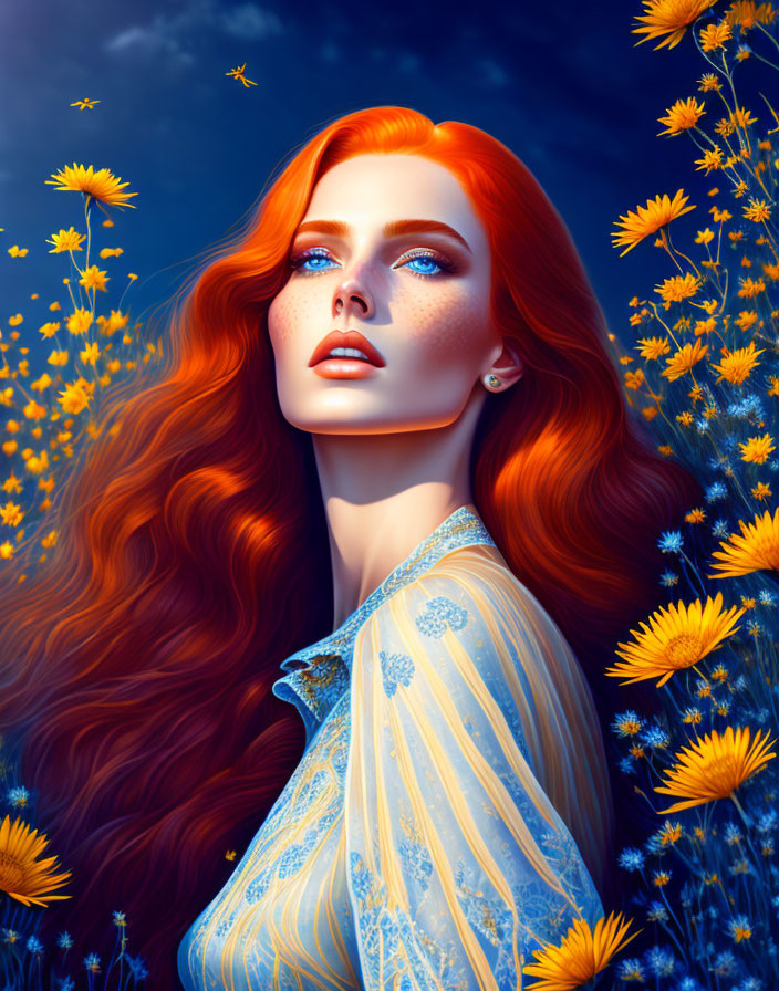 Vibrant illustration: Woman with red hair in night sky