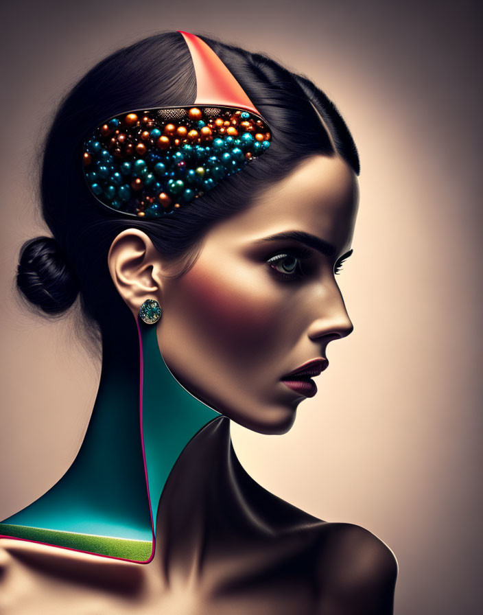 Vibrant Artistic Makeup and Bejeweled Headpiece on Woman