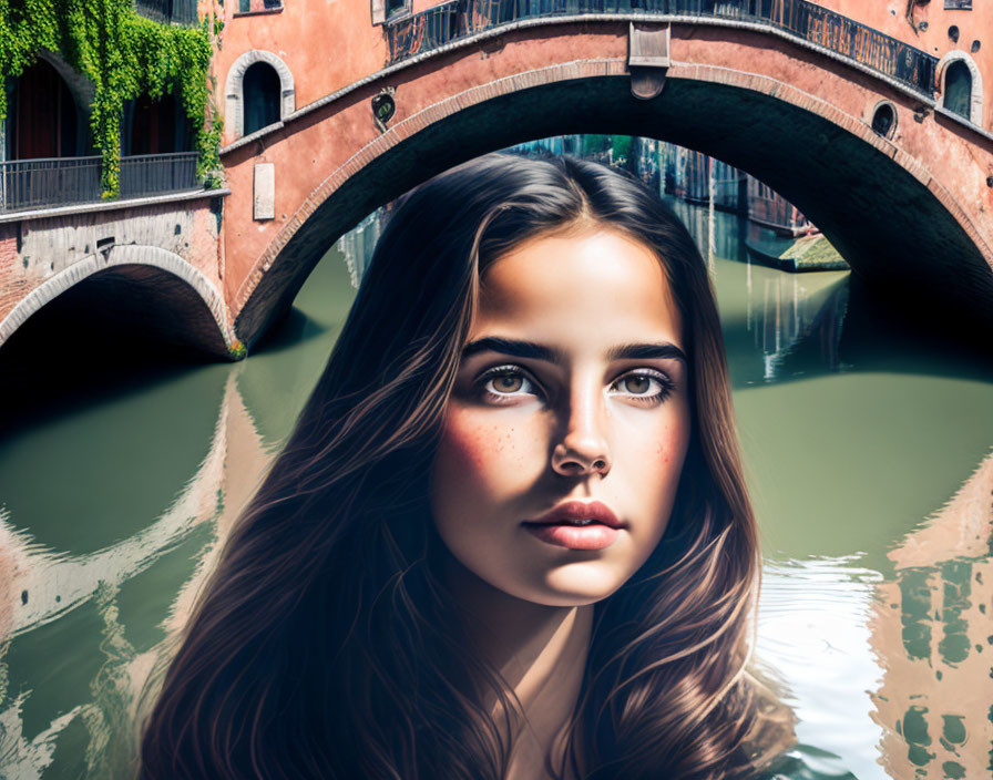 Digital artwork: Young woman's portrait merged with old canal bridge, creating serene surreal scene