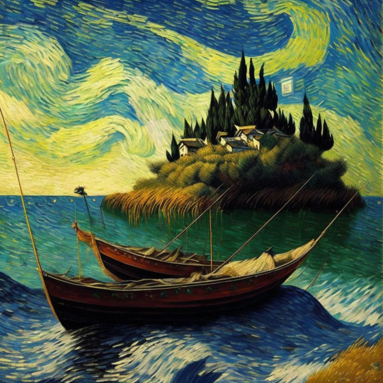 Post-Impressionist painting of boat on turbulent sea with starry sky & village island