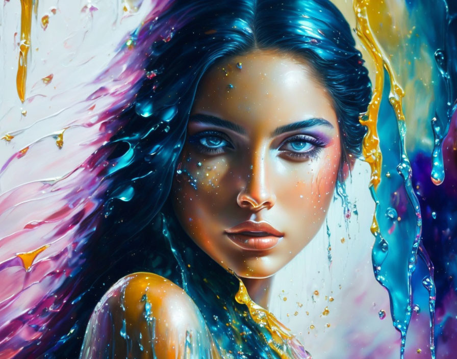 Colorful digital portrait: Woman with melting paint effects, deep blue eyes