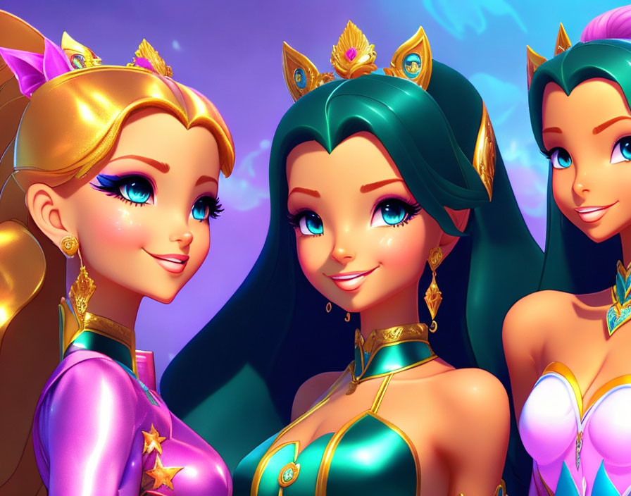 Vibrant animated female characters with stylized hair and regal attire on purple background