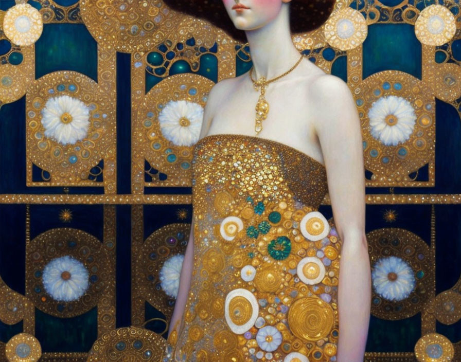 Portrait of Woman in Gold-Encrusted Dress on Blue Background