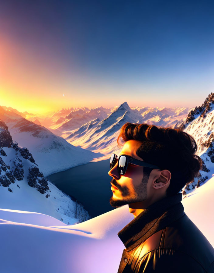 Man in sunglasses admiring snowy mountain sunset with serene lake