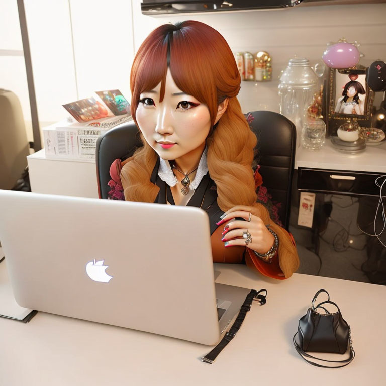 Stylized female cartoon character with reddish-brown hair working on laptop