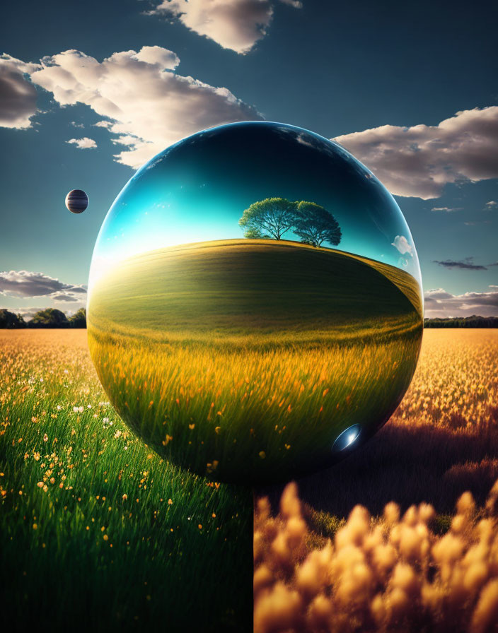 Reflective sphere showing tree on grassy hill in surreal scene.