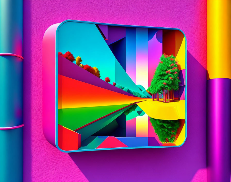 Colorful 3D surreal landscape with geometric shapes and trees on pink wall