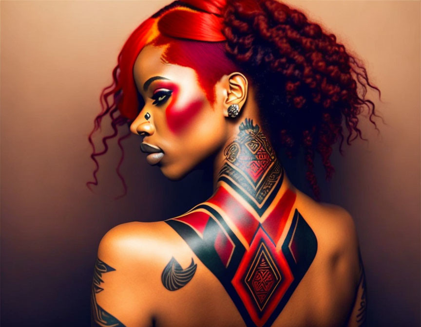 Red-haired woman with black and red tattoos and dramatic makeup.