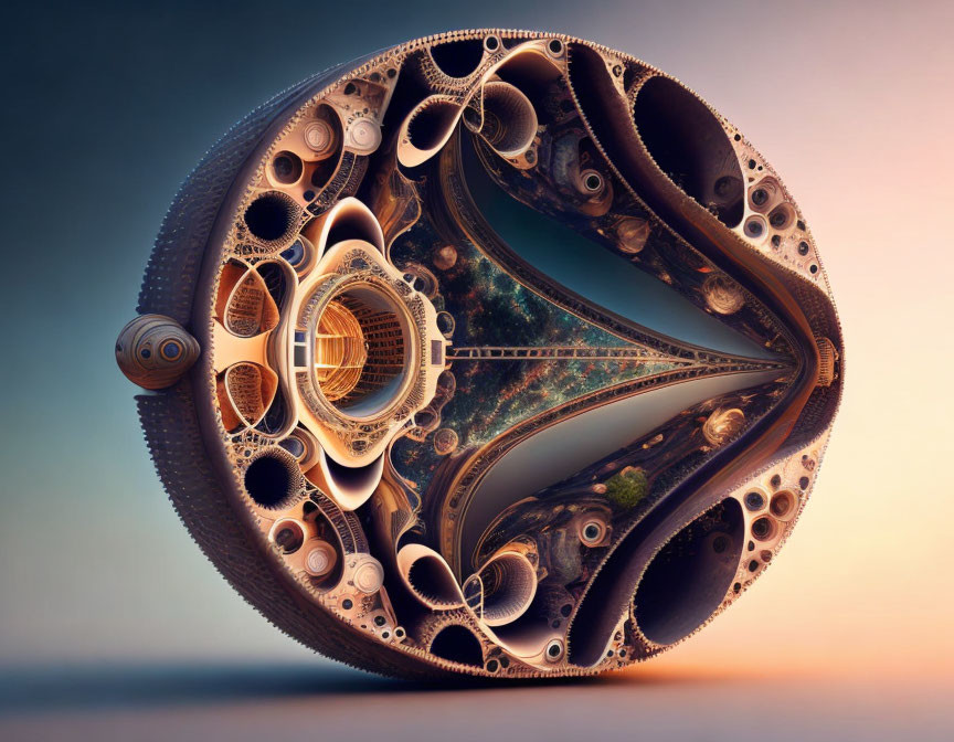 Detailed Fractal Image: Circular Design, Mechanical Elements, Natural Landscapes