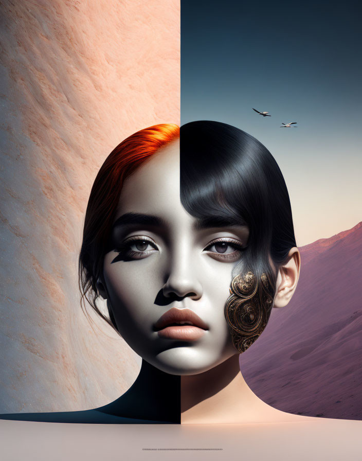 Composite image: Woman's face split into warm sunset and cool desert night scenes