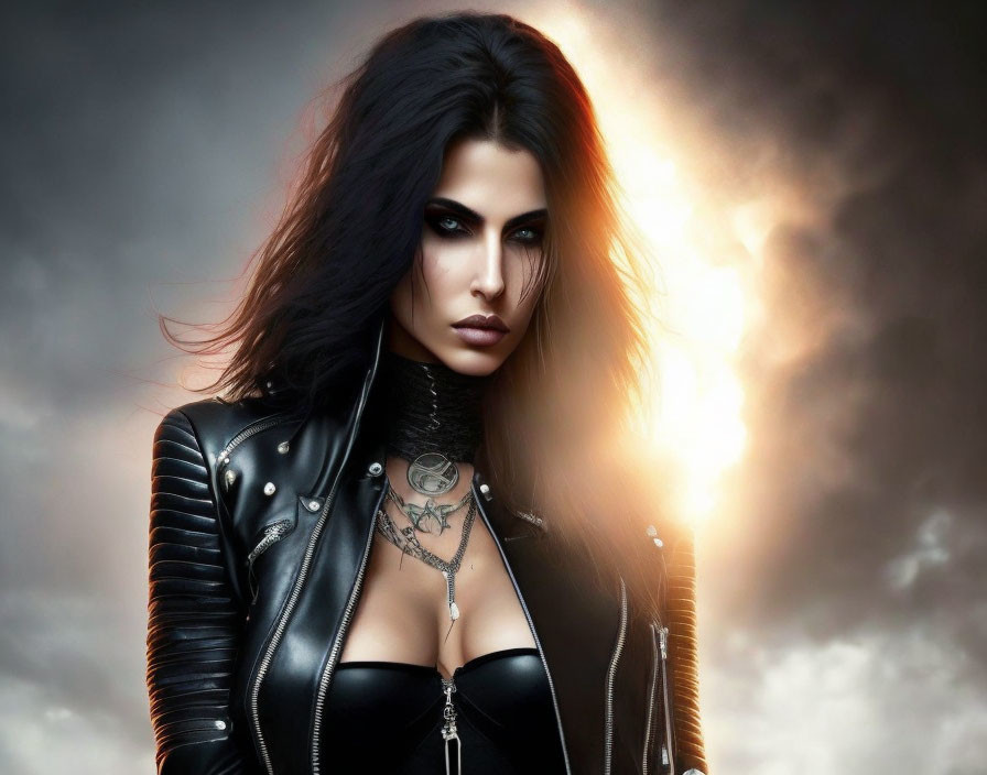 Dark-haired woman in leather jacket and choker under stormy sky