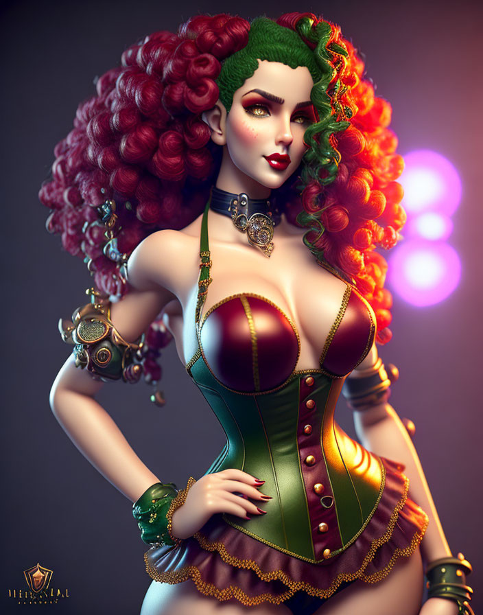 Vibrant digital artwork: Woman with red and green curly hair, green corset, gold jewelry