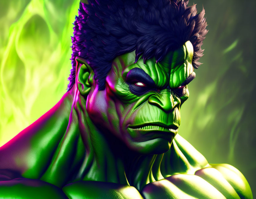 Vibrant Hulk illustration with green skin and muscles on colorful background