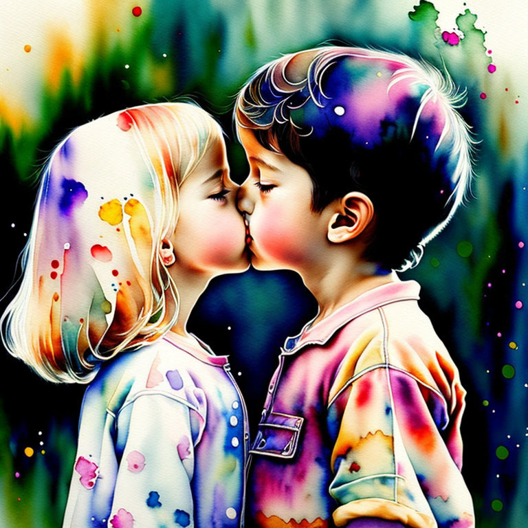 Cartoon children kissing in colorful, bubbly scene