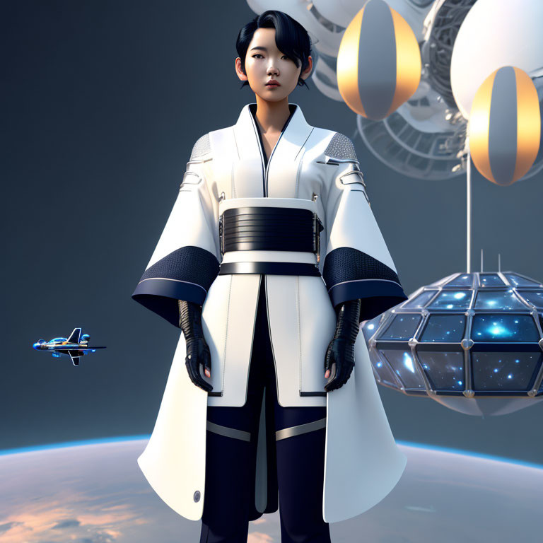 Futuristic character in white and black uniform with sci-fi backdrop