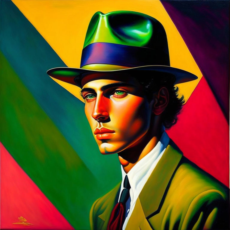 Colorful Stylized Portrait of Man in Fedora with Geometric Background