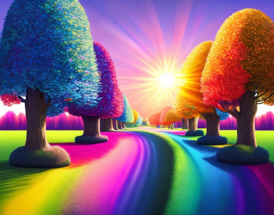 Colorful whimsical trees in vibrant landscape with bright sun and long shadows