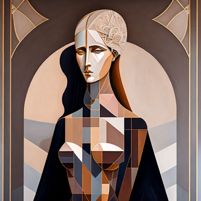 Geometric Art Deco portrait of a woman in earthy tones