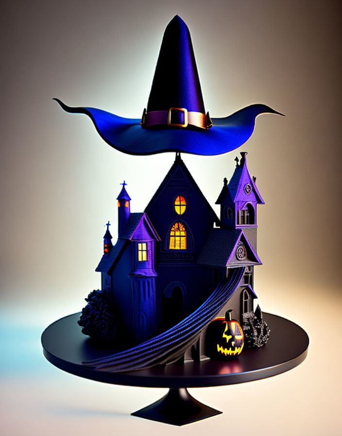 Whimsical witch's hat transformed into dark enchanting house on stand