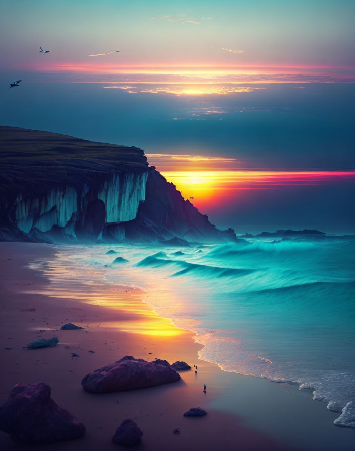 Serene coastal beach sunset with cliffs, lone figure, glowing waves, and flying birds in gradient sky