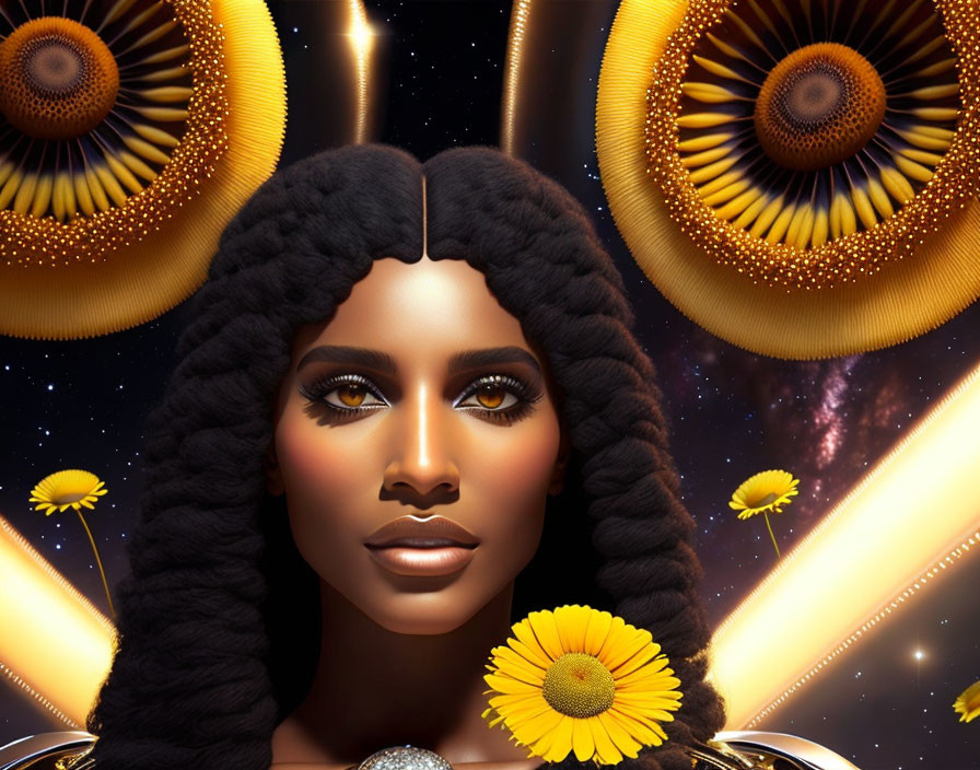 Digital artwork: Woman with cosmic background and metallic ornaments, sunflower motifs.