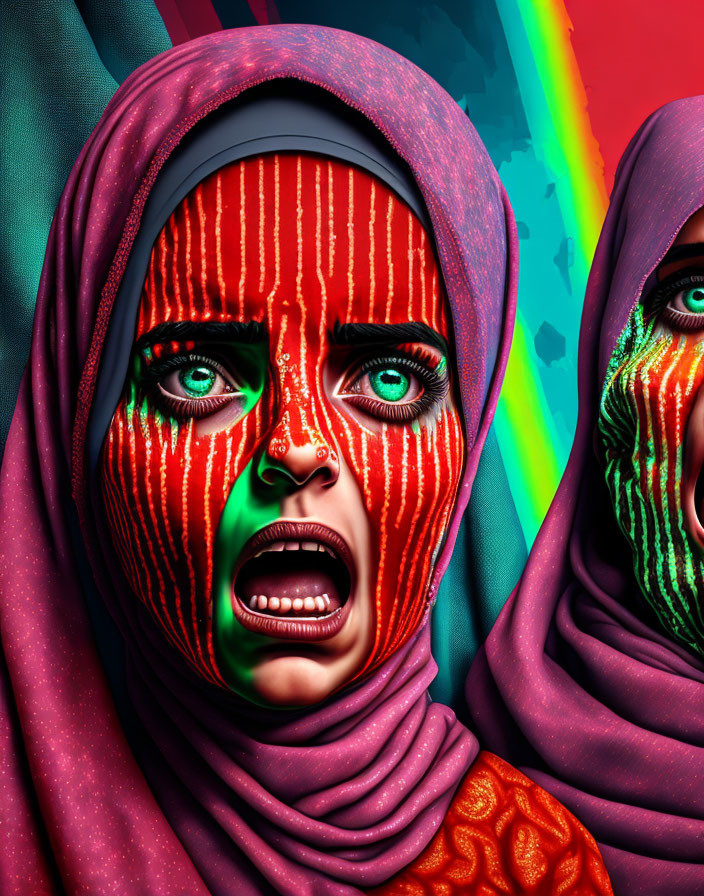 Vibrant digital artwork: two women with colorful hijabs, one screaming, the other calm