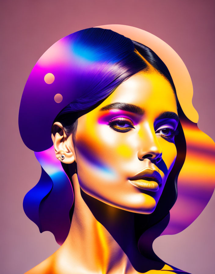 Vibrant digital portrait of a woman with rainbow lighting effects