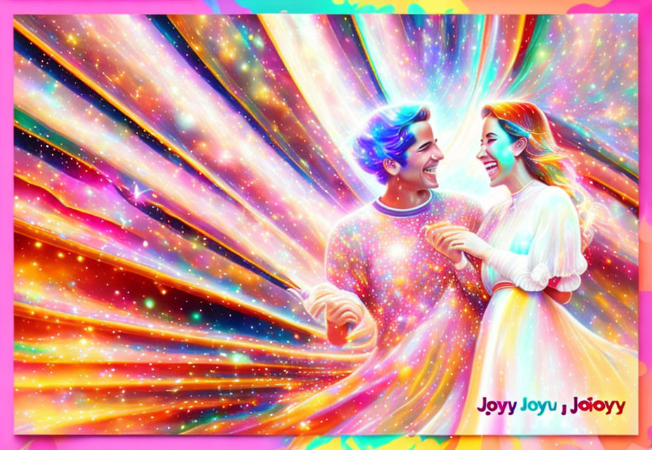 Colorful digital illustration: Two individuals laughing in cosmic swirls