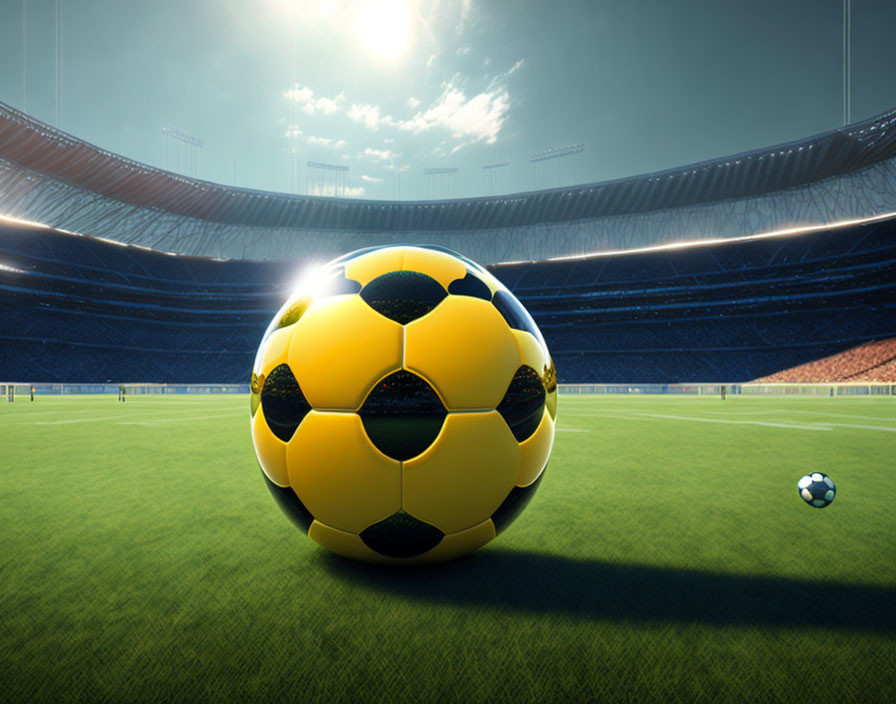 Stylized soccer ball on grassy field with stadium in background