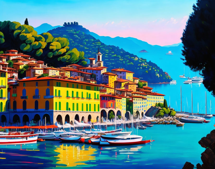 Colorful Coastal Town Painting with Boats and Green Hills