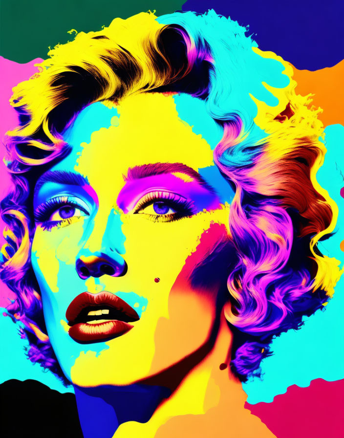 Colorful Pop Art Portrait of Woman with Curly Hair