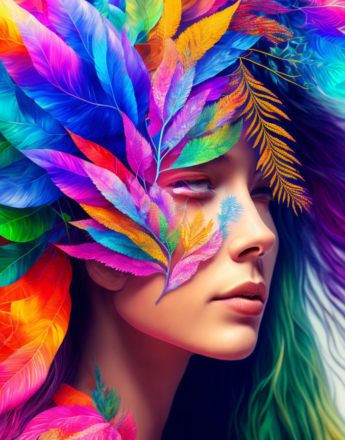 Colorful Portrait with Feather Headdress and Painted Leaves