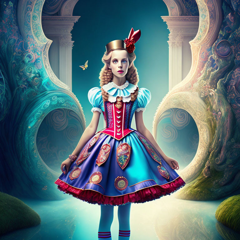 Surreal young girl in ornate Alice in Wonderland costume with swirling patterns.