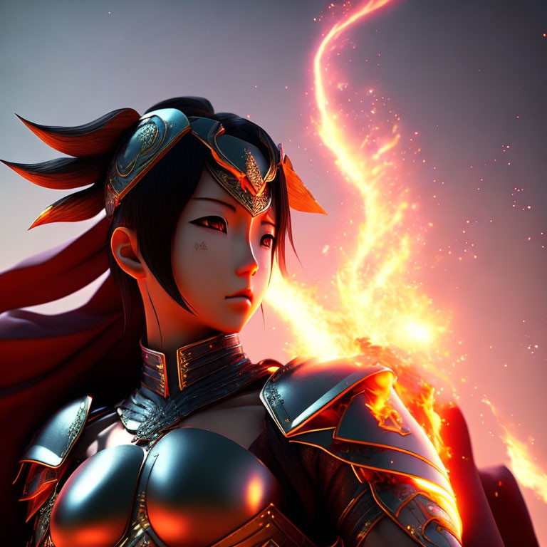 Female warrior in traditional armor against fiery backdrop