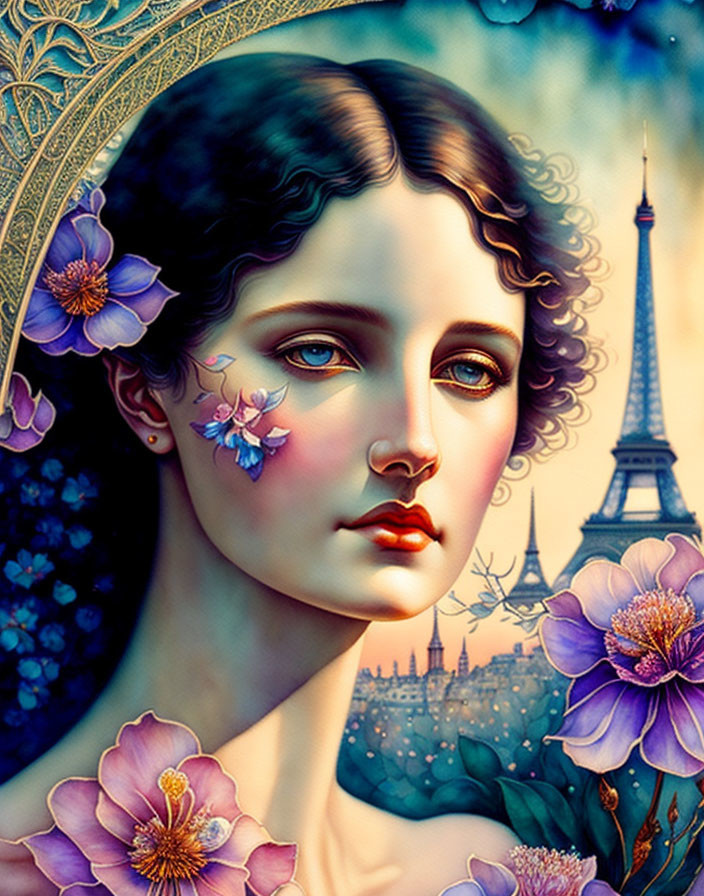 Illustrated portrait of woman with floral face accents and Parisian skyline.